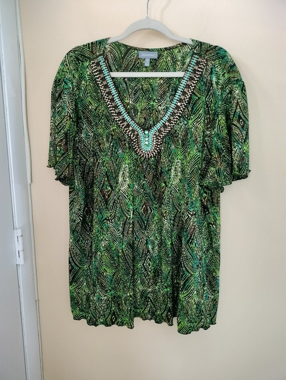Essentials Beaded Green Patterned Tunic Top 3X Stretch Office Travel Artsy